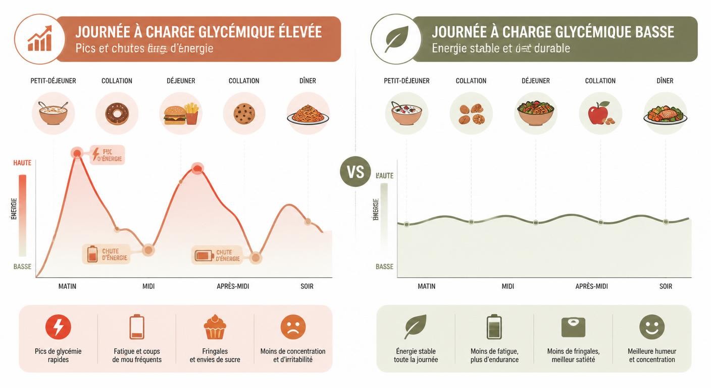 Courbe d'énergie d'une journée à charge glycémique élevée contre une journée à charge glycémique basse