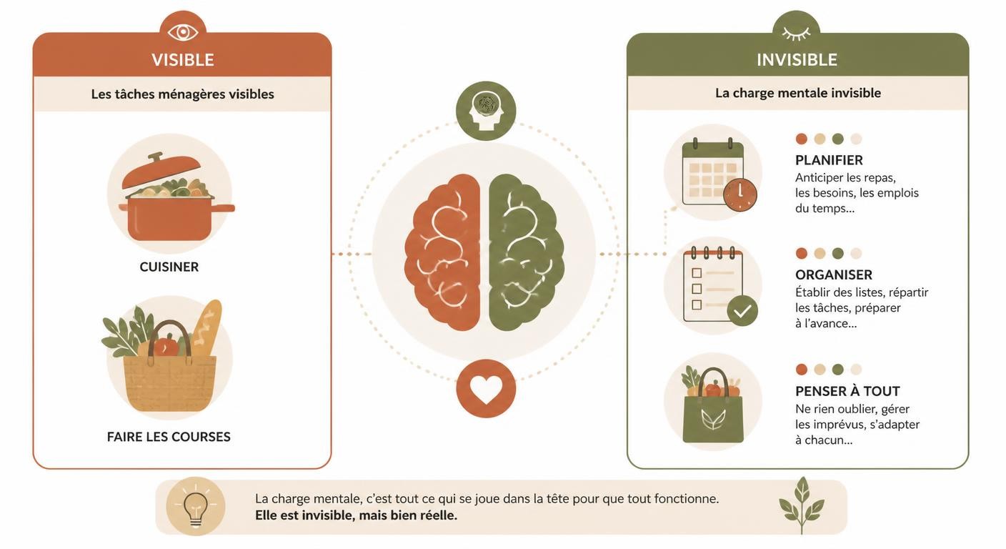 Infographie expliquant la charge mentale : tâches visibles contre planification invisible