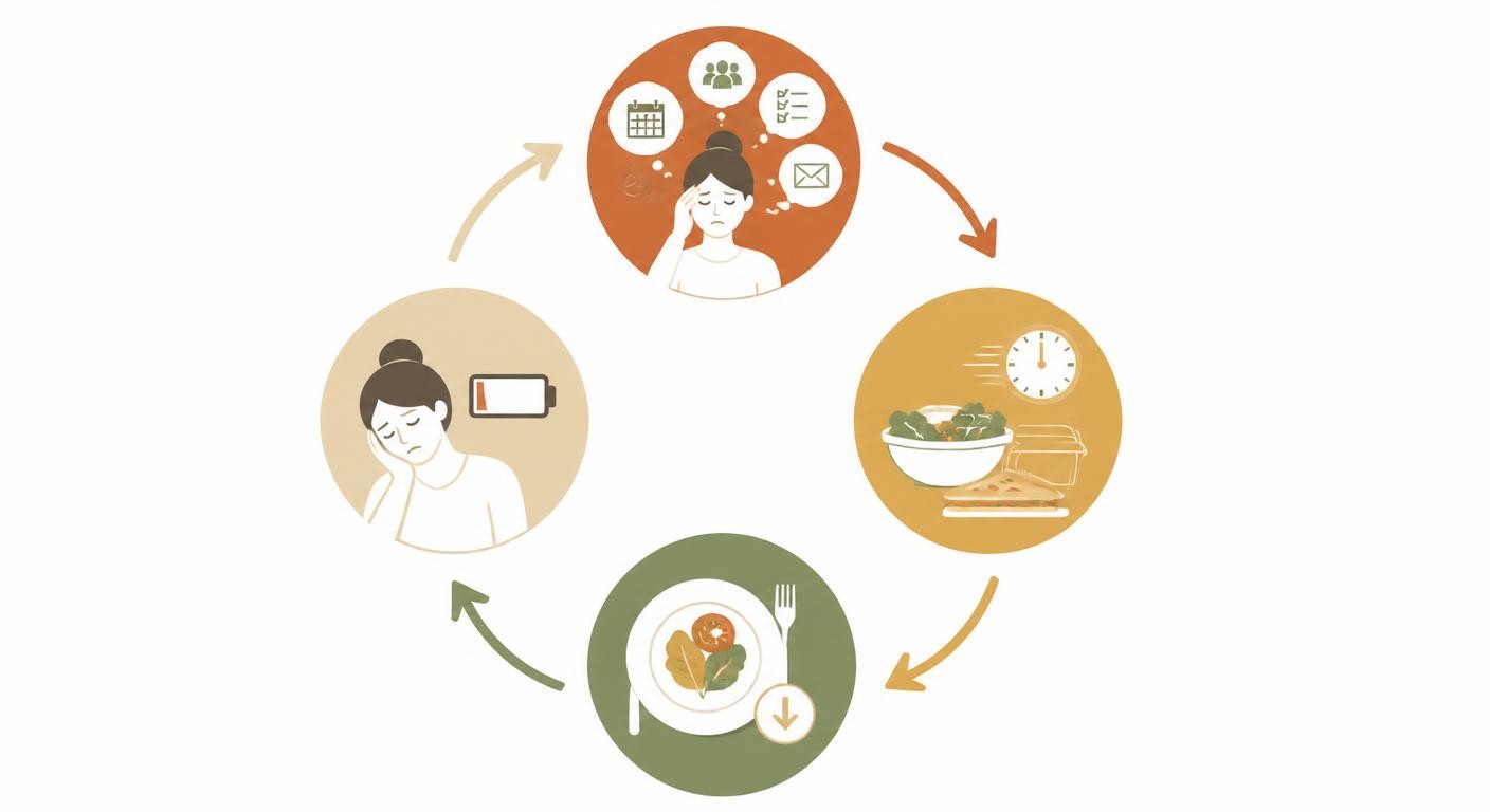 Infographie du cercle vicieux entre charge mentale, repas expédiés et fatigue