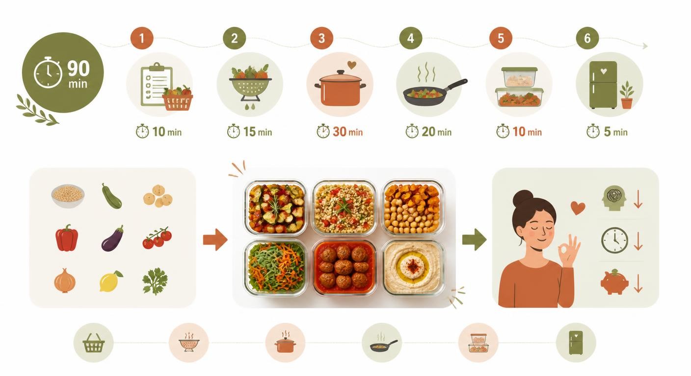 Infographie d'une séance de batch cooking de 90 minutes