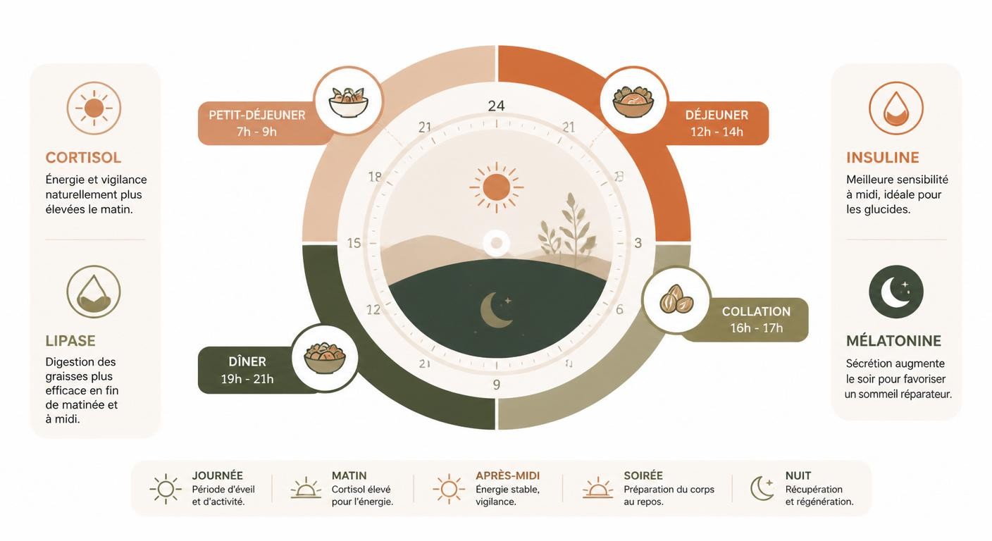 Horloge des horaires des repas en chrononutrition avec les hormones associées