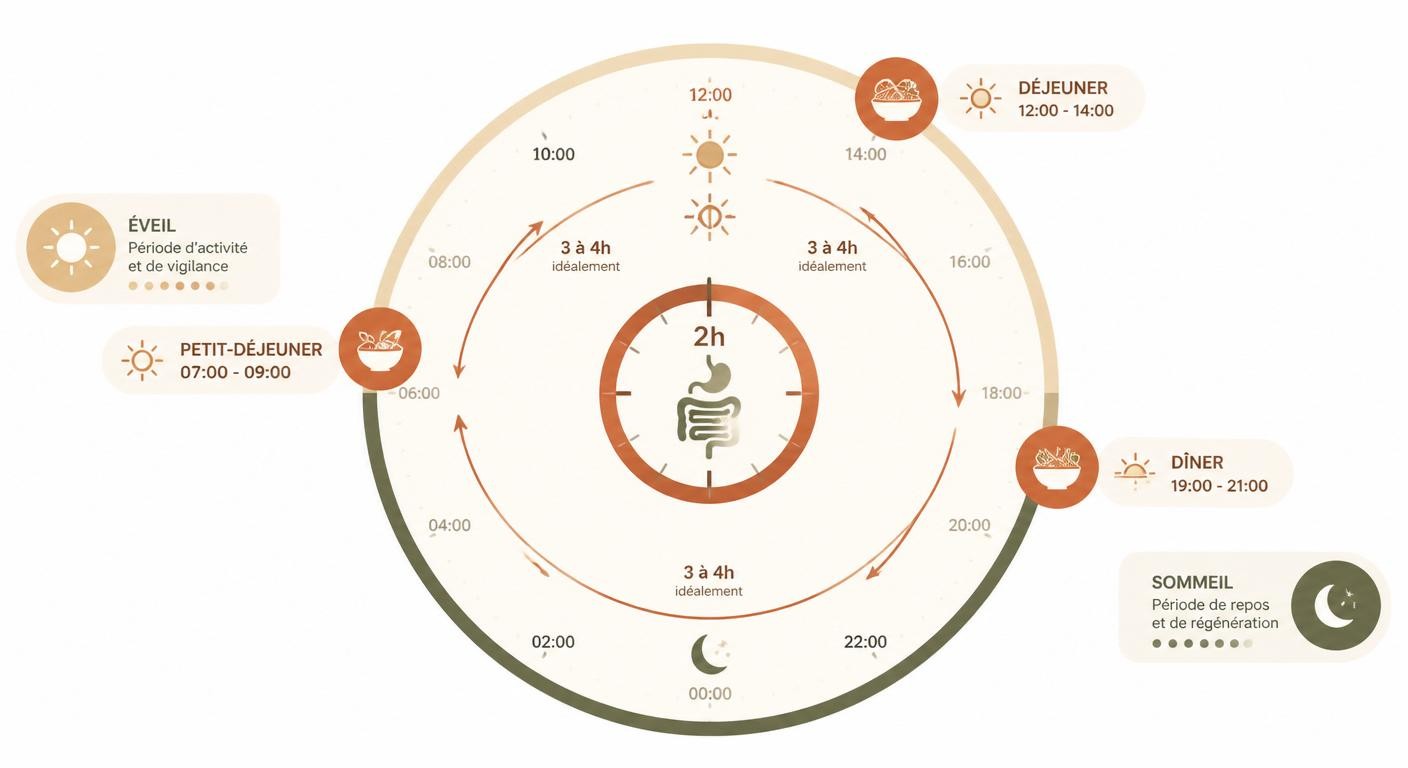 Schéma des deux horloges biologiques : rythme circadien 24h et cycle digestif 2h en chrononutrition
