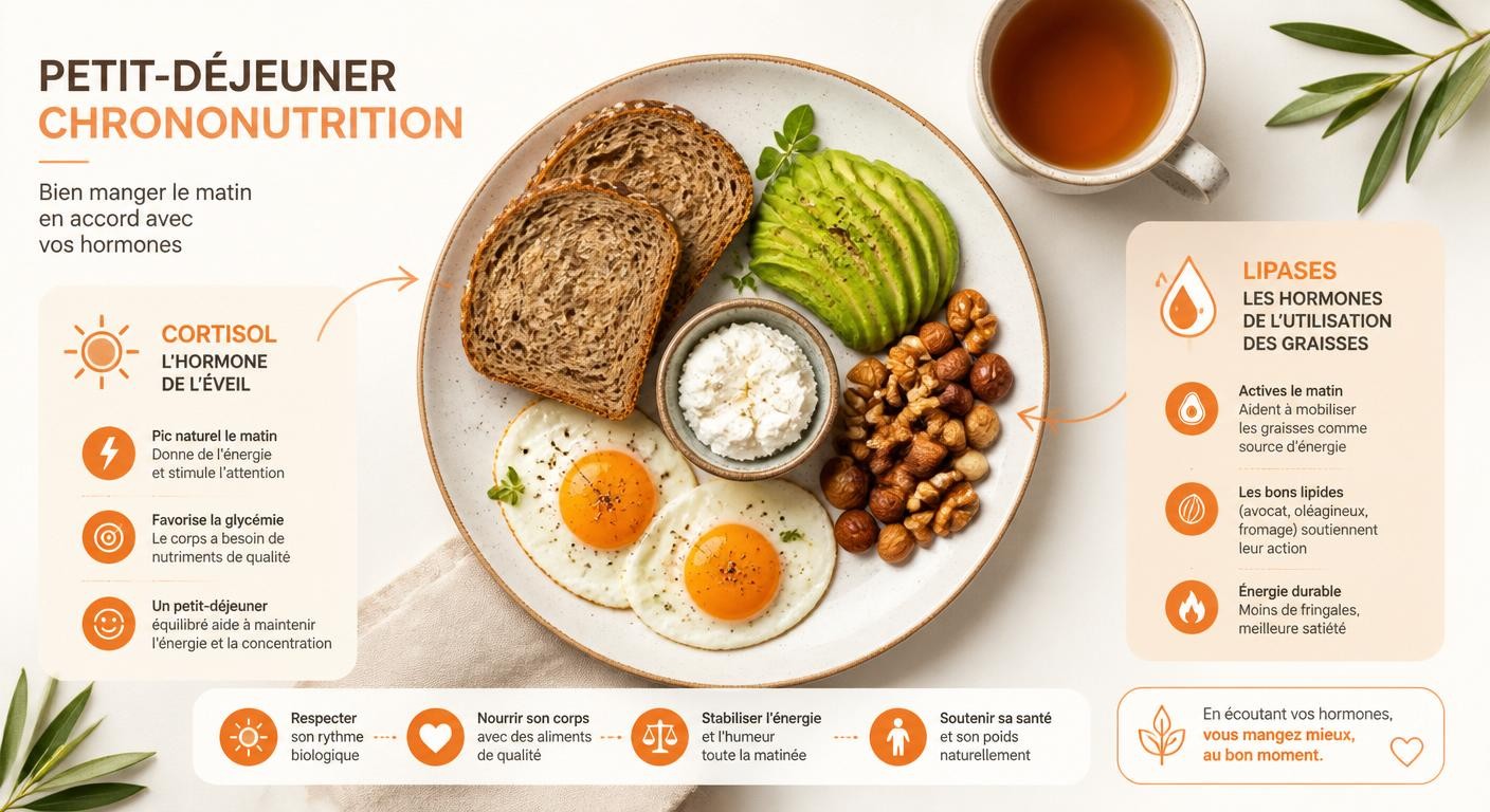 Assiette de petit-déjeuner chrononutrition avec annotations hormonales