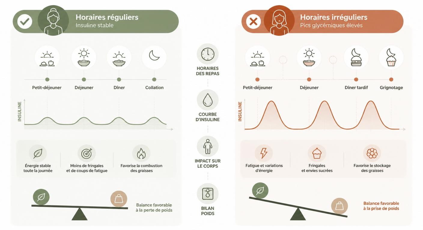 Comparaison de l'impact des horaires réguliers vs irréguliers sur l'insuline et le stockage des graisses