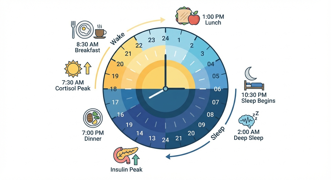 Horloge circadienne sur 24 heures montrant les pics hormonaux et les moments optimaux des repas