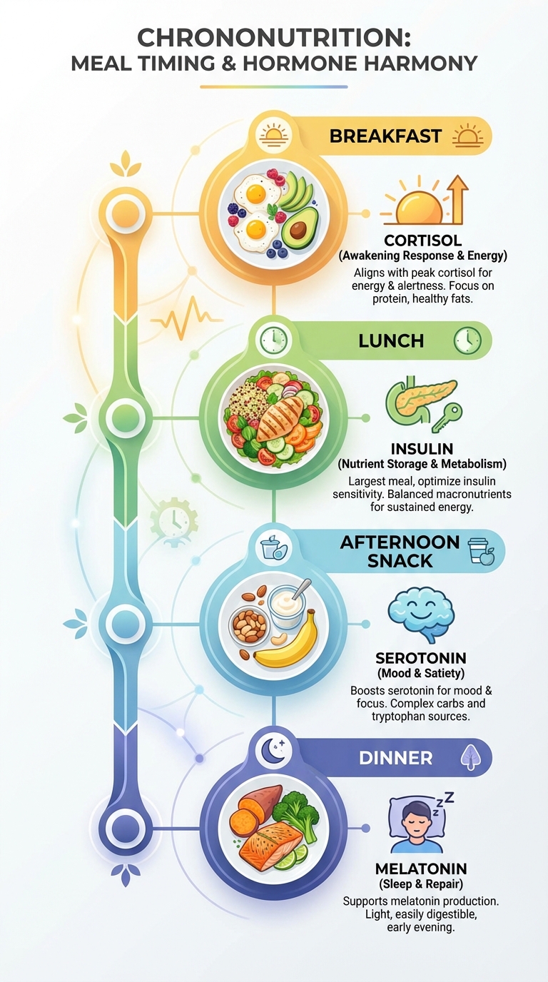 Frise chronologique des 4 repas de la chrononutrition avec les hormones associées