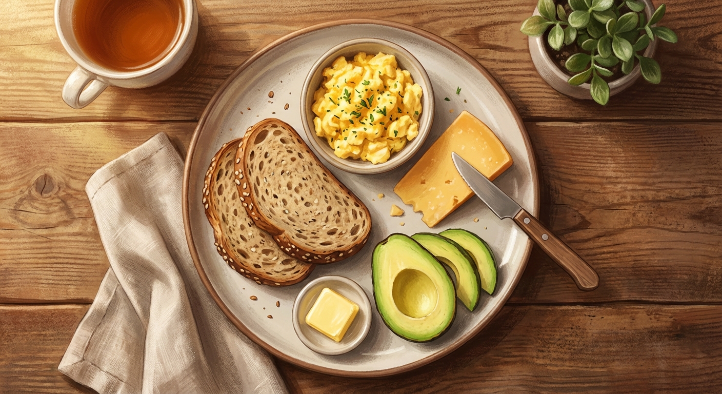 Assiette petit-déjeuner chrononutrition idéal avec fromage, pain complet, œufs et avocat