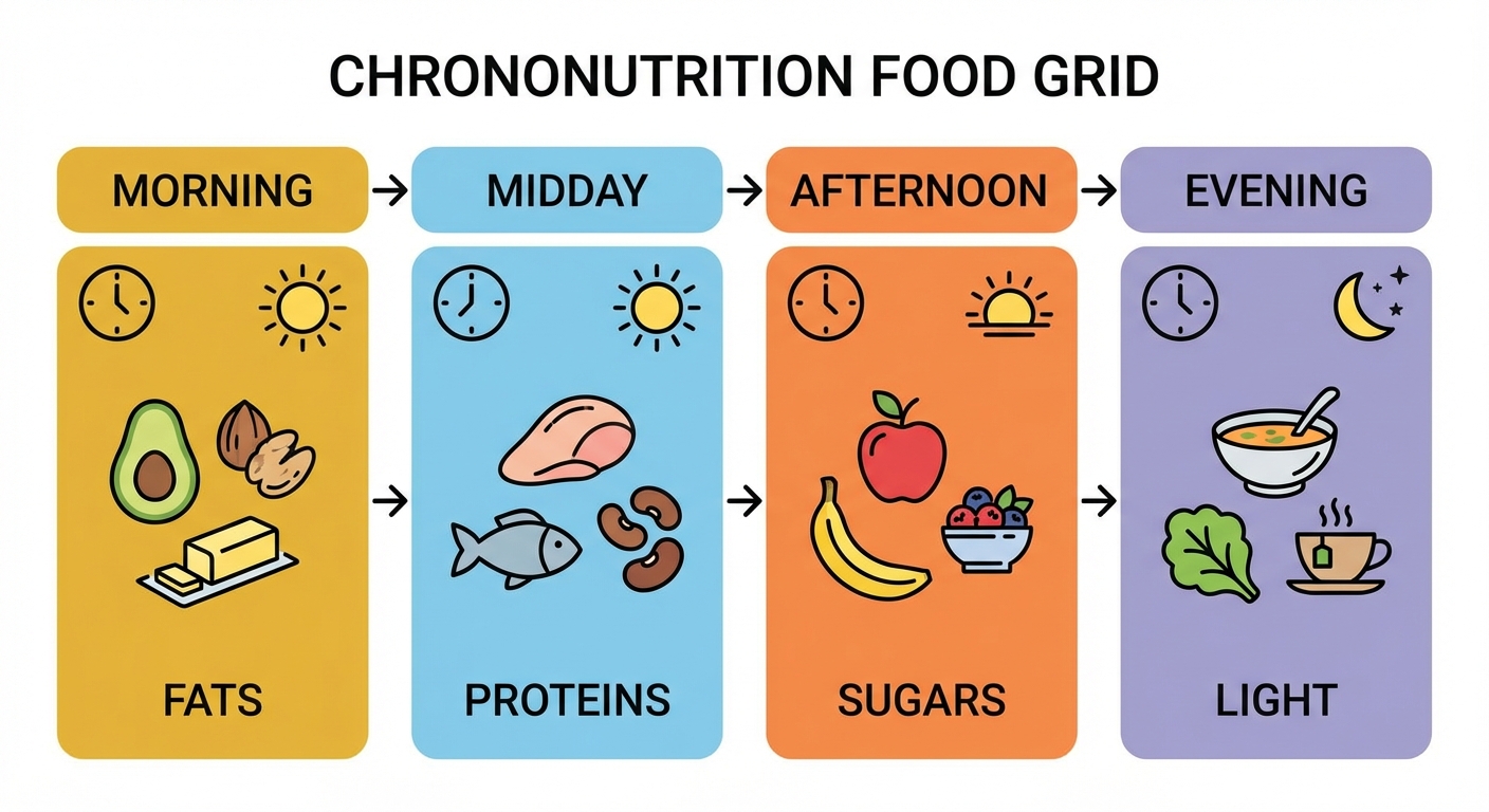 Grille des aliments à consommer par fenêtre horaire en chrononutrition