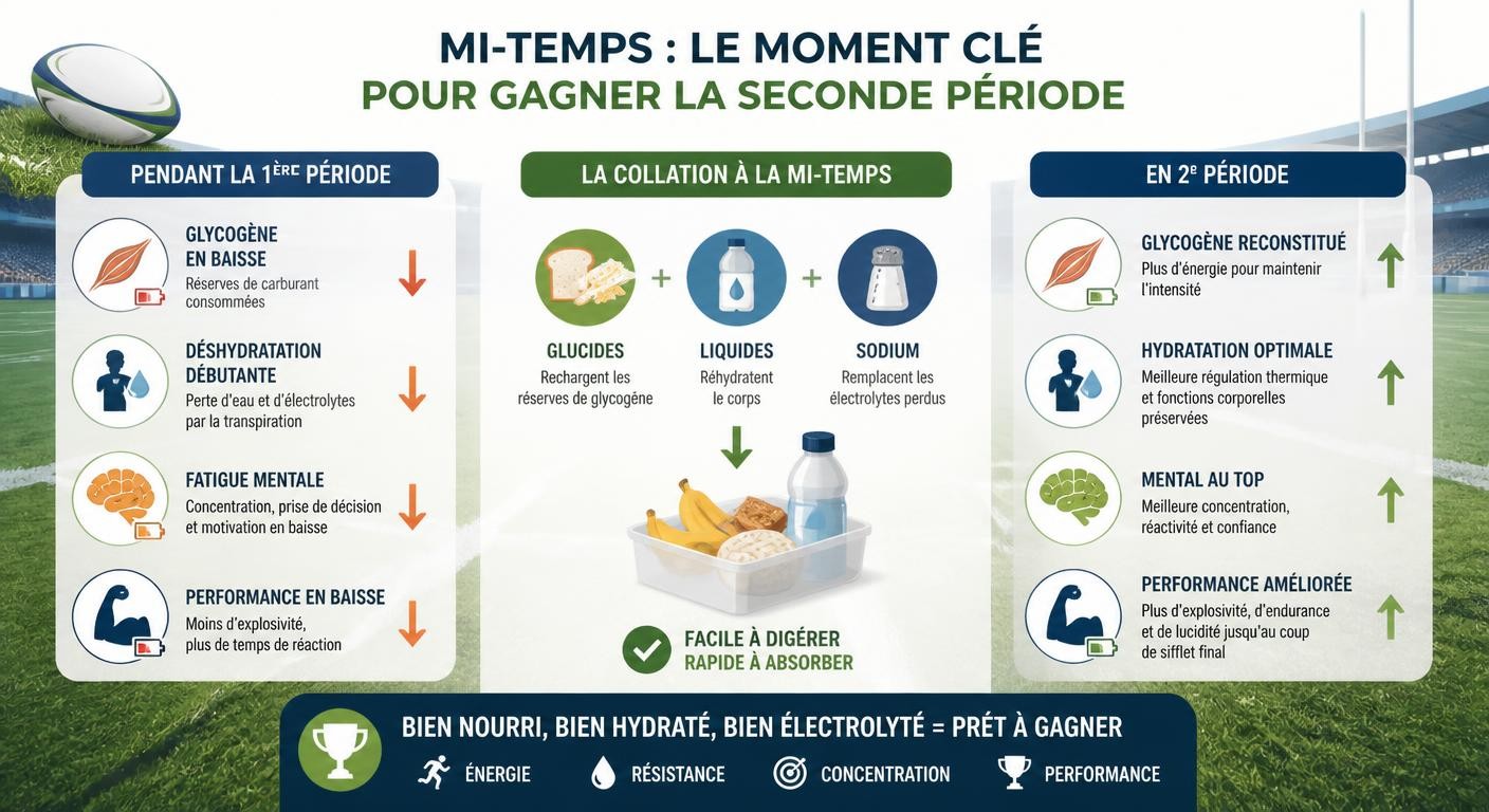 Infographie expliquant ce qui se passe dans le corps d'un rugbyman à la mi-temps et l'impact d'une collation adaptée.