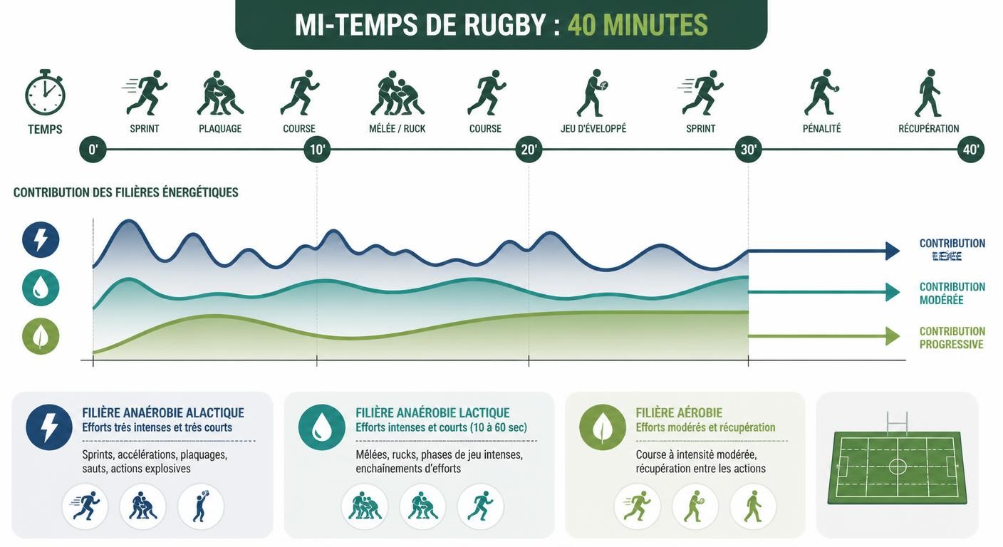 Infographie illustrant les trois filières énergétiques sollicitées lors d'une mi-temps de rugby et leur contribution à l'effort.