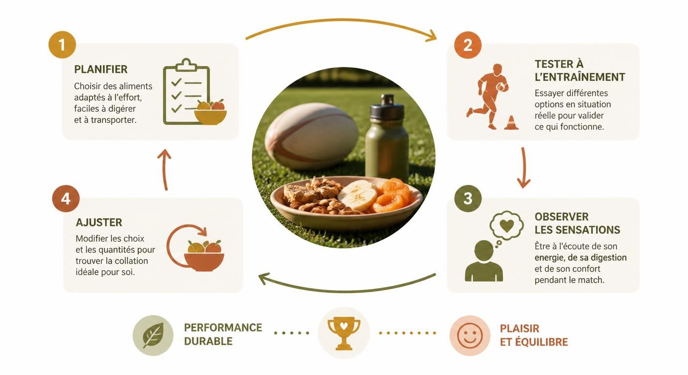 Infographie décrivant une boucle en 4 étapes pour ajuster durablement sa collation de mi-temps au rugby.