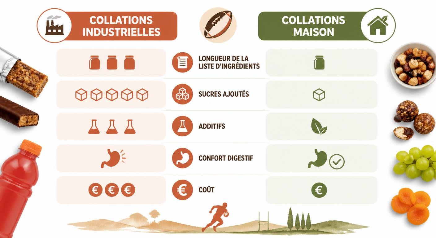 Infographie comparant les collations sportives industrielles aux collations maison pour la mi-temps au rugby.