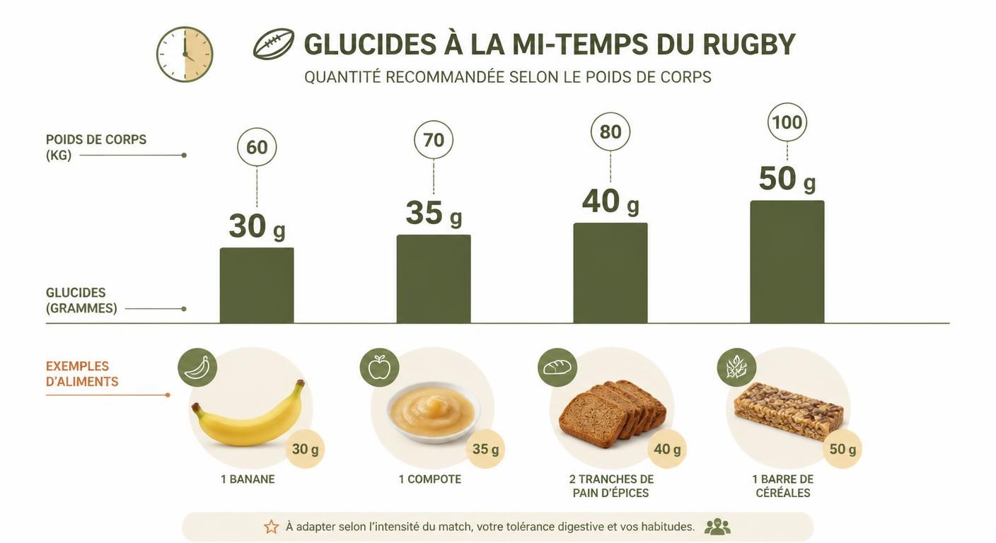 Infographie montrant les quantités de glucides recommandées à la mi-temps du rugby selon le poids du joueur.
