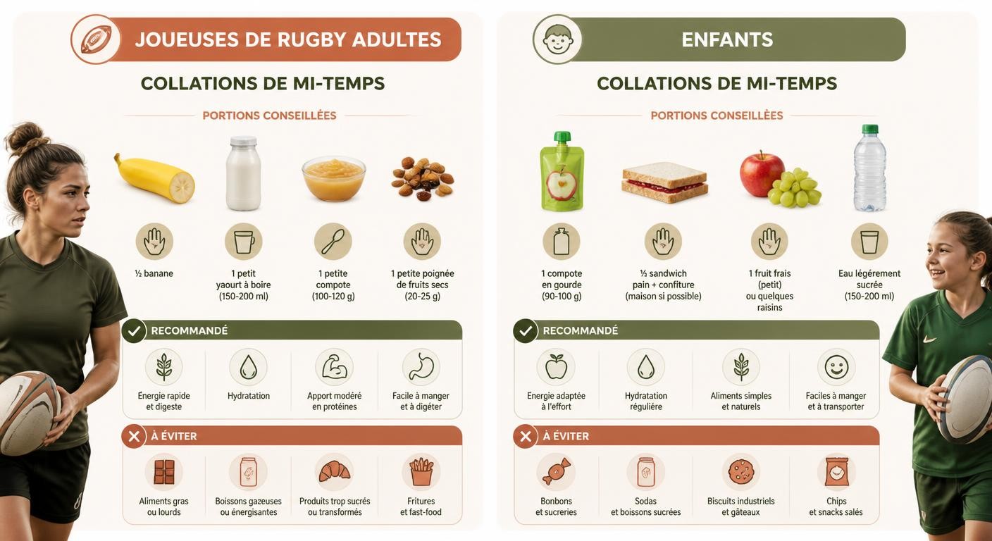 Infographie comparant les collations de mi-temps recommandées pour les femmes et les enfants au rugby.