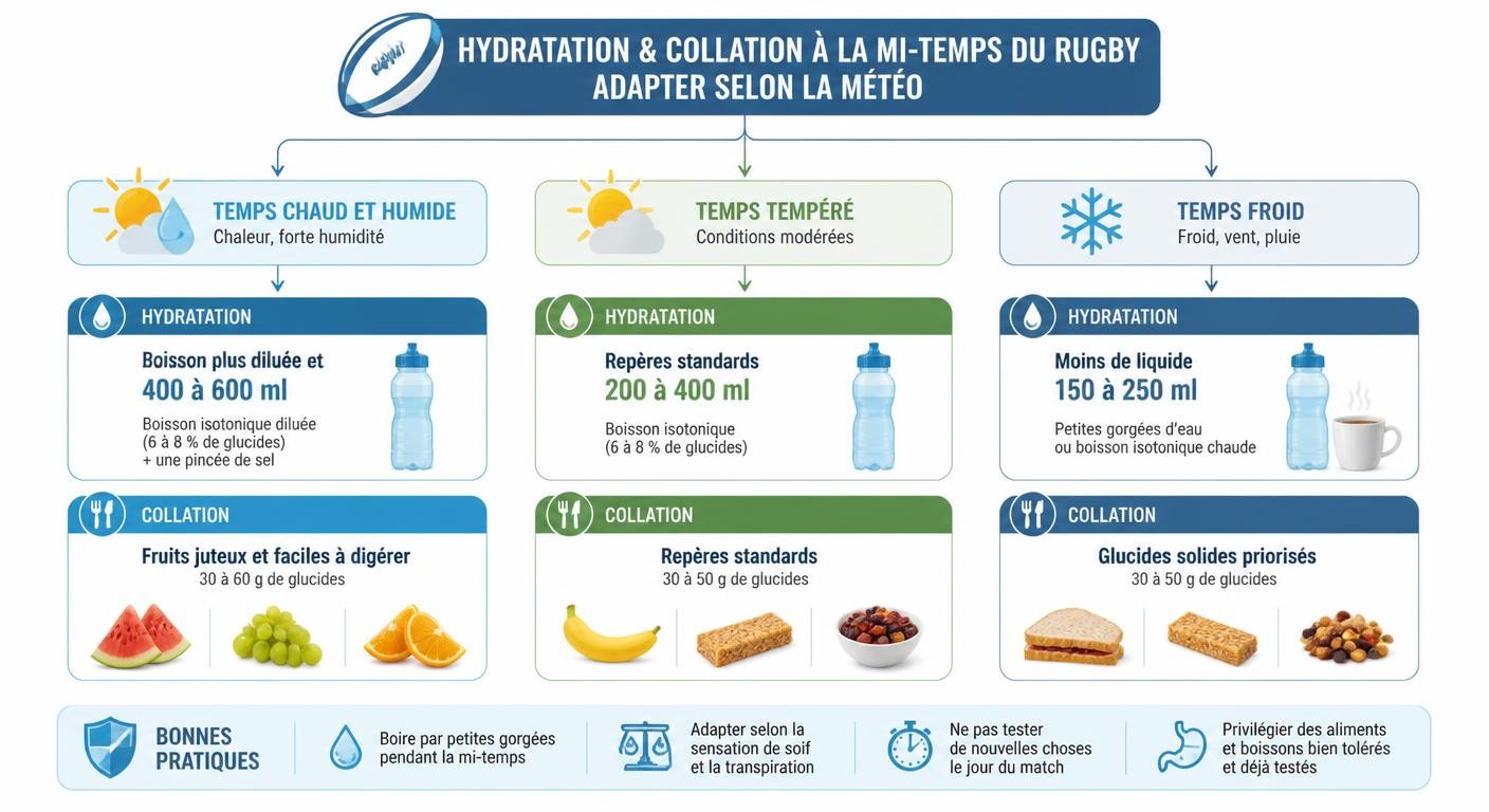 Infographie expliquant comment adapter hydratation et collation de mi-temps au rugby selon les conditions météorologiques.