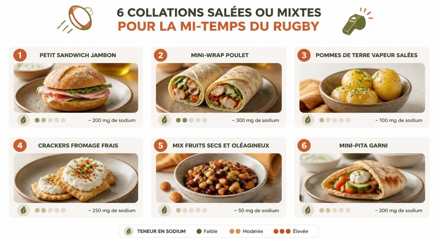 Infographie présentant six idées de collations salées ou mixtes adaptées à la mi-temps au rugby.