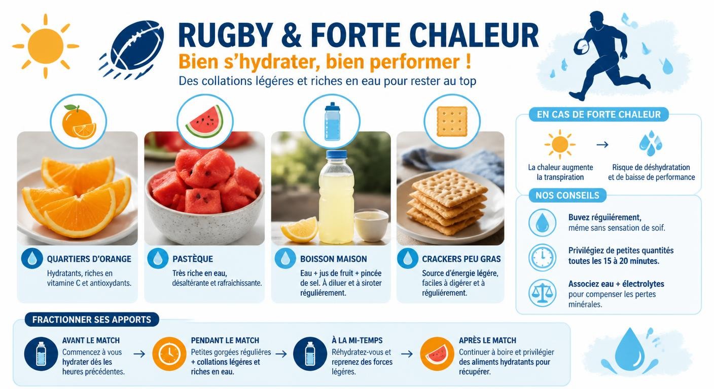 Infographie présentant des collations et boissons adaptées aux matchs de rugby par temps chaud et forte transpiration.