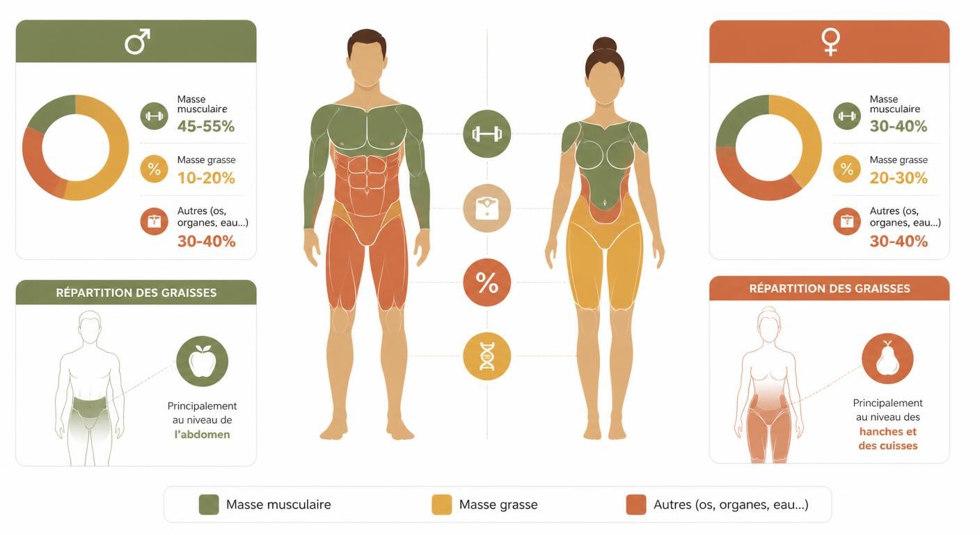 Infographie comparant la composition corporelle homme et femme pour la perte de poids.