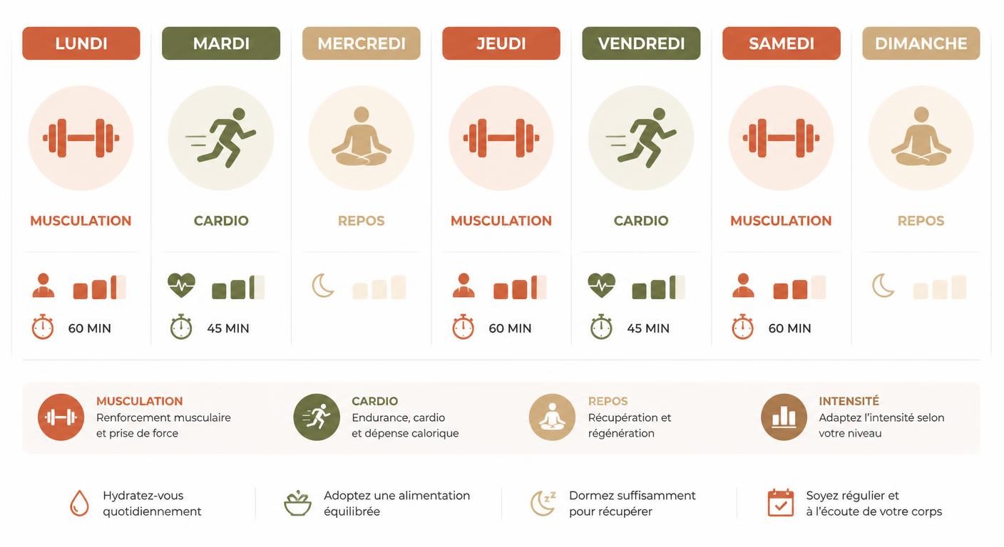 Infographie présentant un planning hebdomadaire type alternant cardio, musculation et repos.