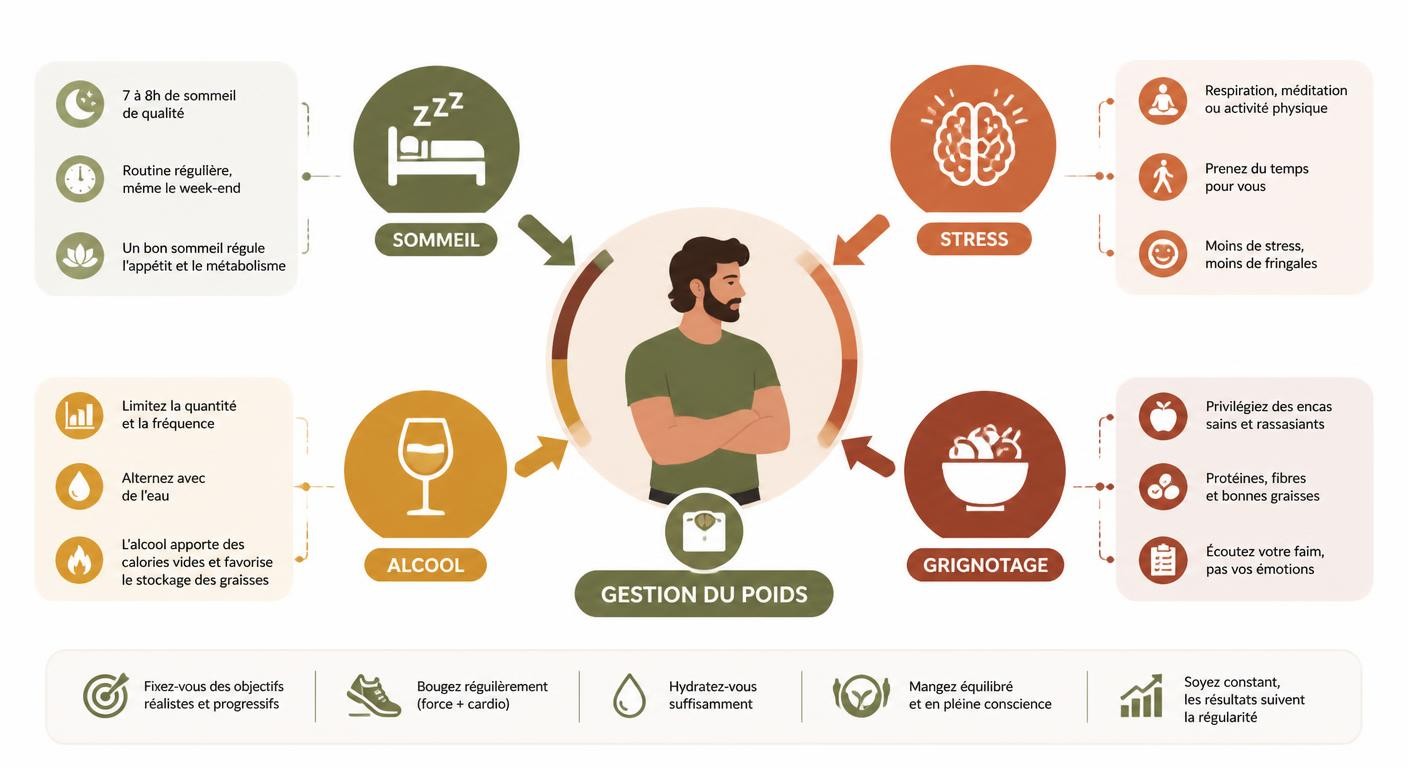 Infographie montrant l'impact du sommeil, du stress et de l'alcool sur la perte de poids chez l'homme.