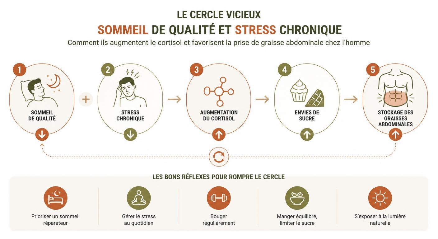 Infographie reliant le sommeil, le stress et la gestion du poids chez l'homme.