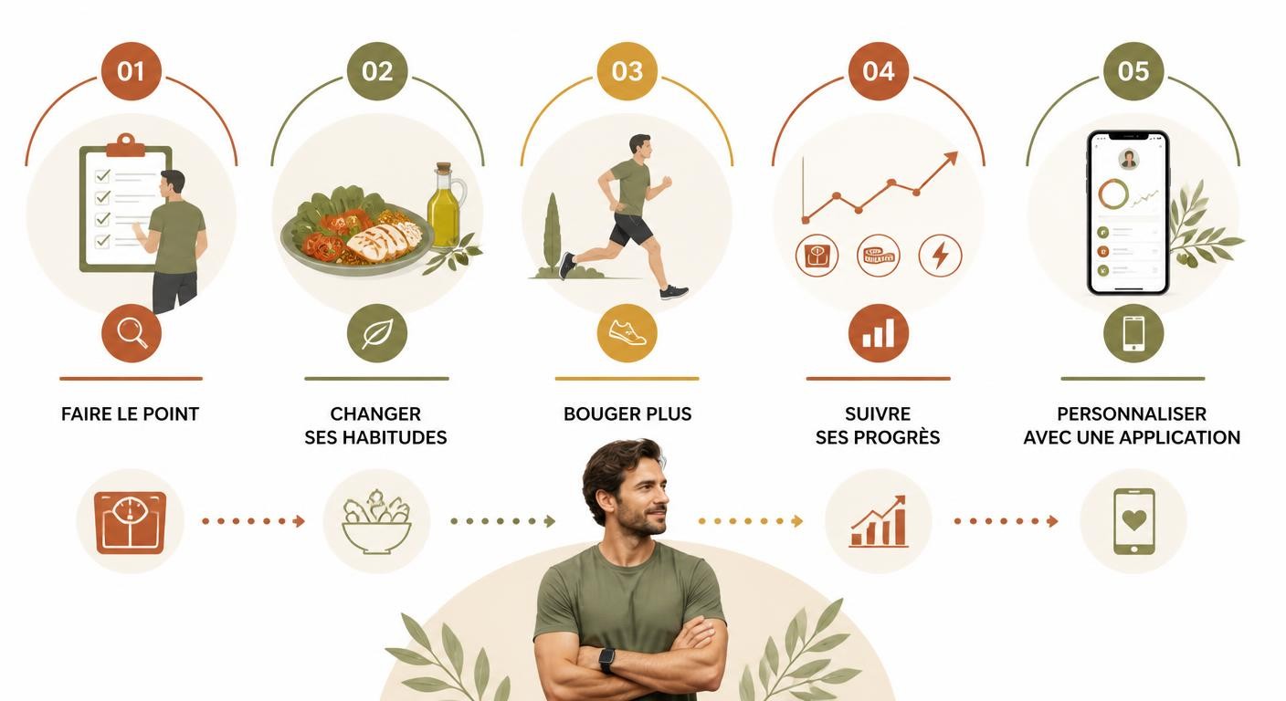 Infographie présentant les étapes pour construire un plan d'action personnalisé de perte de poids chez l'homme.