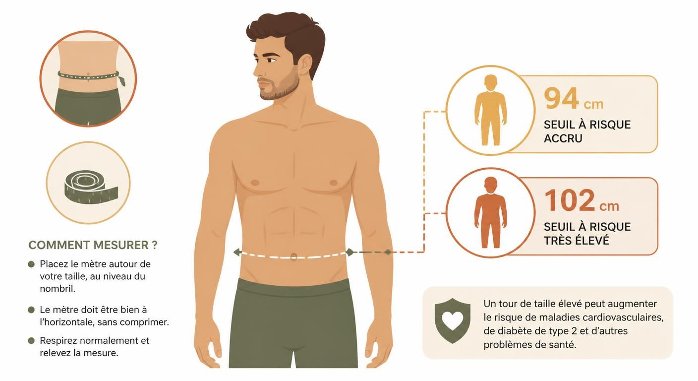 Infographie d'un buste masculin avec zones de mesure du tour de taille et repères chiffrés.