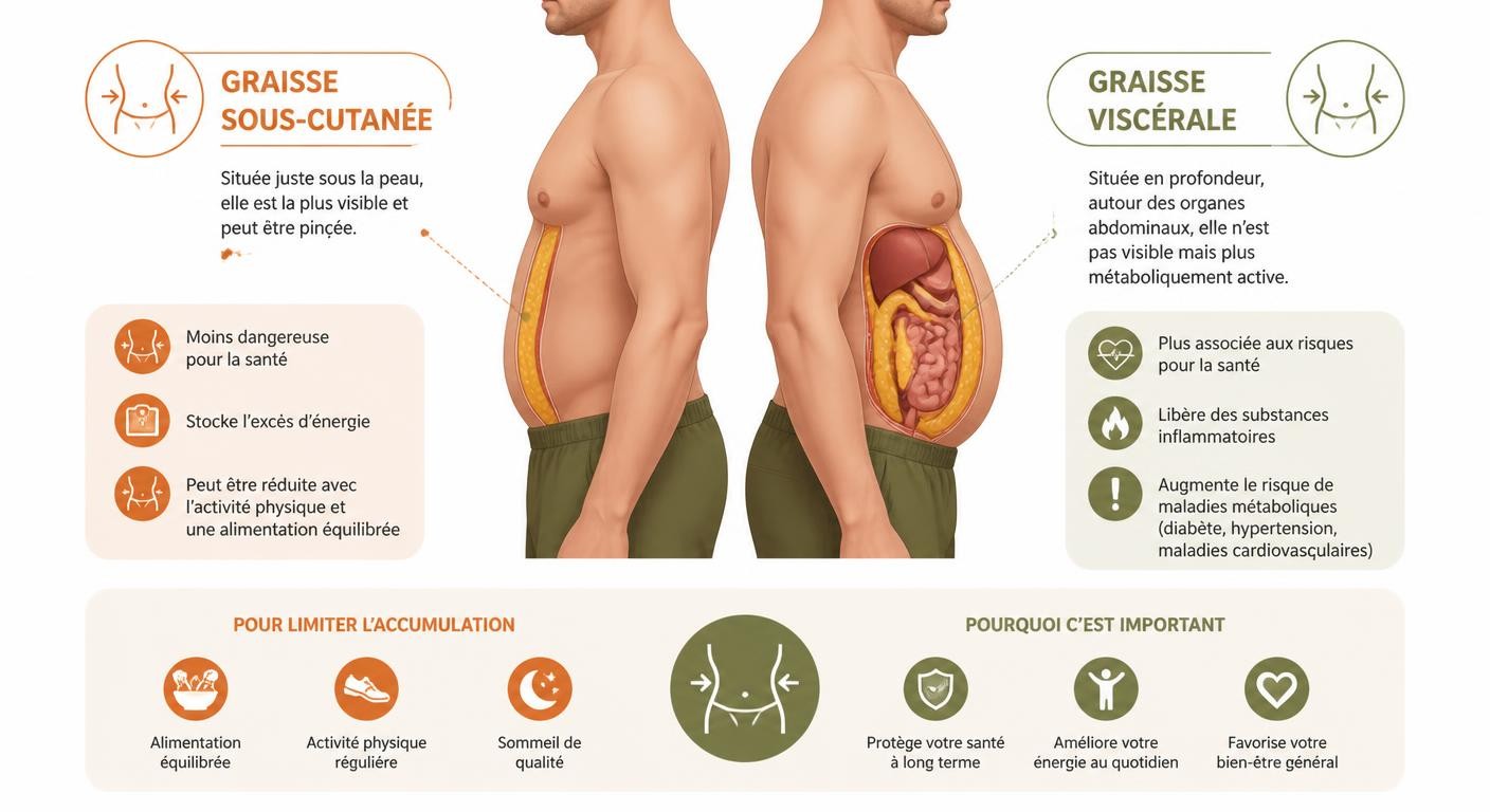 Infographie expliquant les différents types de graisse abdominale chez l'homme.