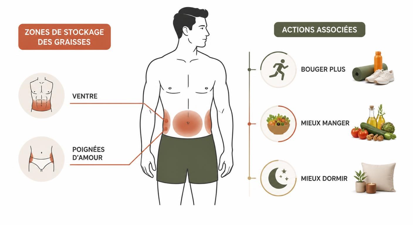 Infographie d'une silhouette masculine montrant les zones de stockage des graisses et les actions associées.