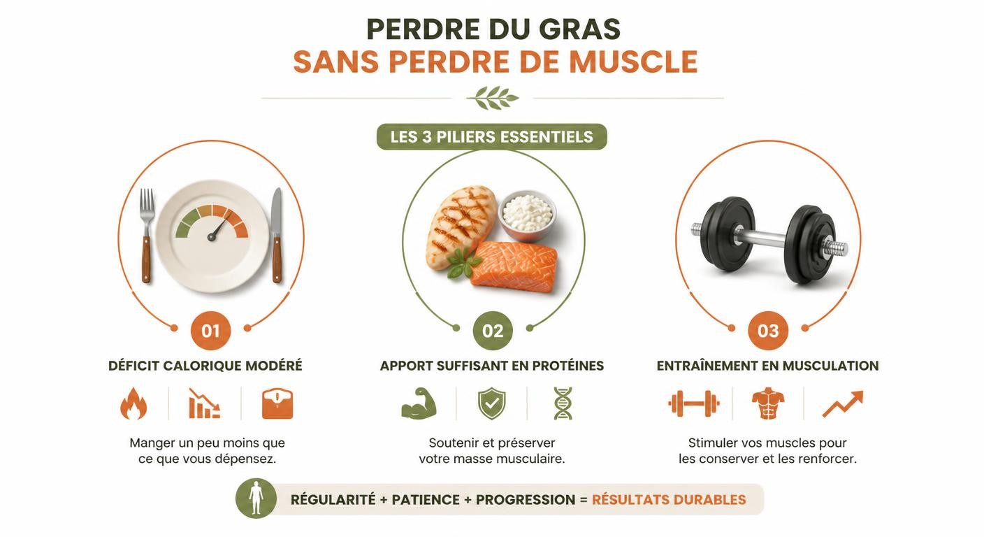 Infographie montrant l'équilibre entre déficit calorique, protéines et musculation pour maigrir sans perdre de muscle.