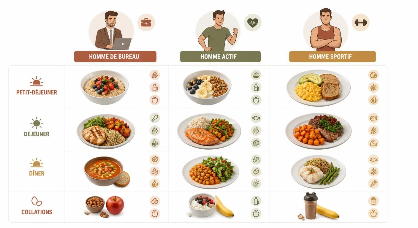 Infographie présentant des exemples de journées alimentaires pour différents profils d'hommes.