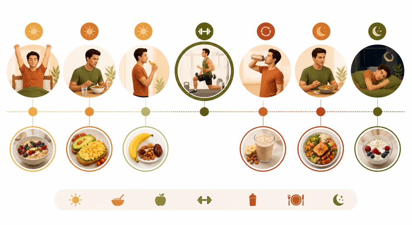 Infographie présentant la chronologie d'une journée sportive avec les moments clés pour les repas et collations.