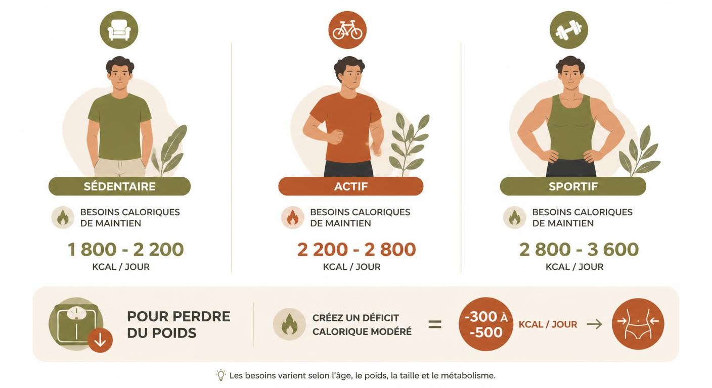 Infographie présentant des exemples de besoins caloriques quotidiens pour maigrir chez l'homme.
