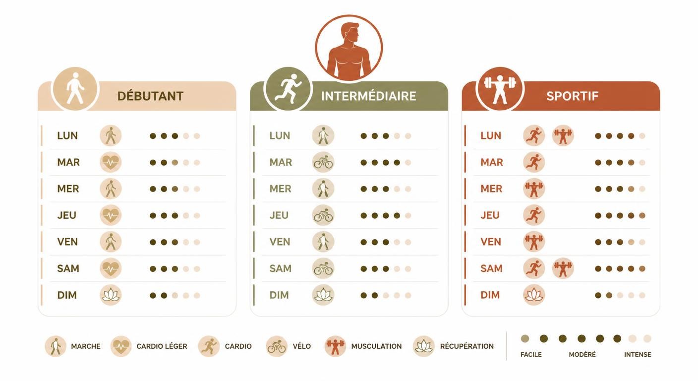 Infographie présentant des exemples de programmes d'activité physique pour maigrir chez l'homme.