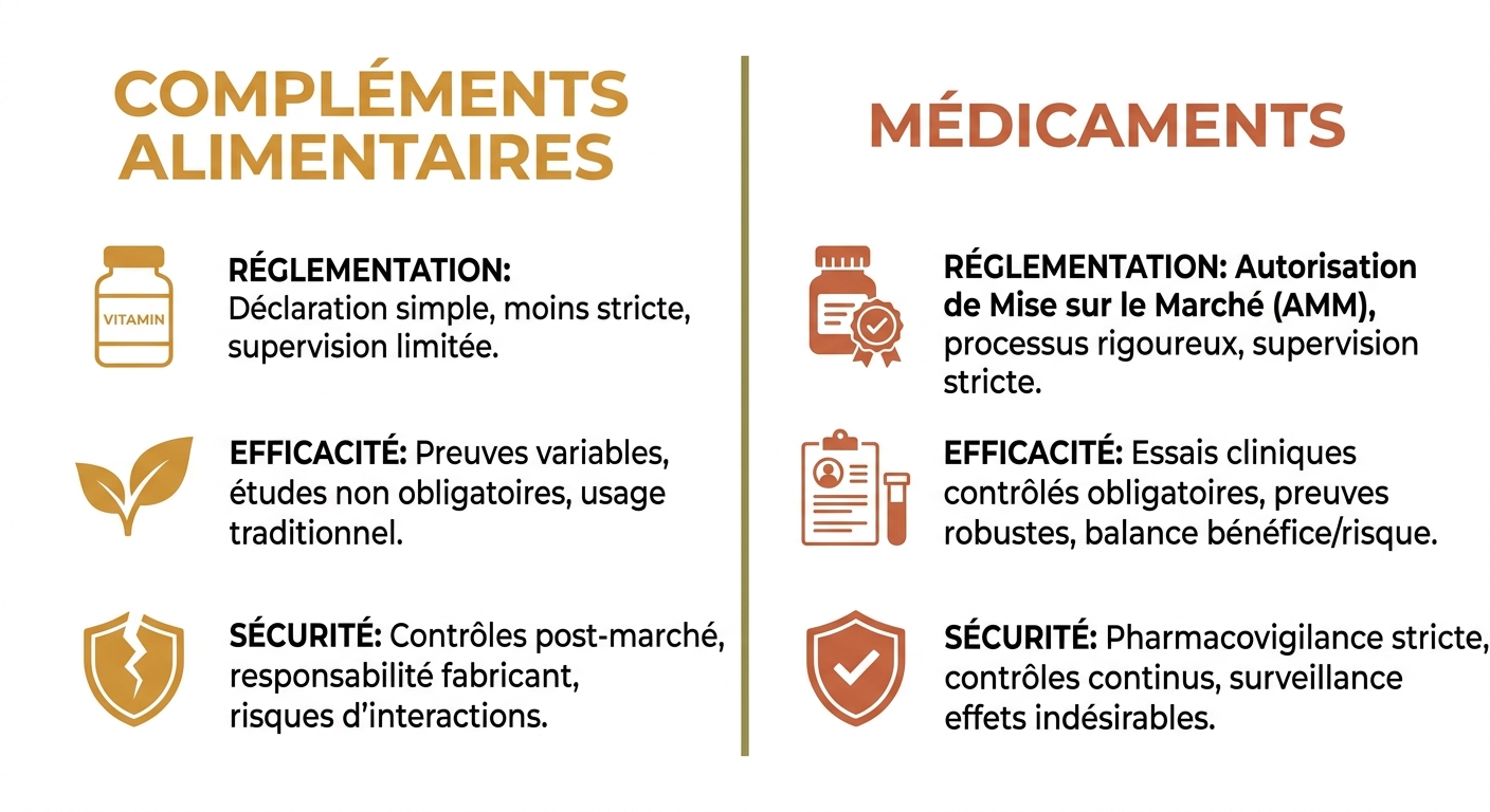 Infographie comparant compléments alimentaires et médicaments
