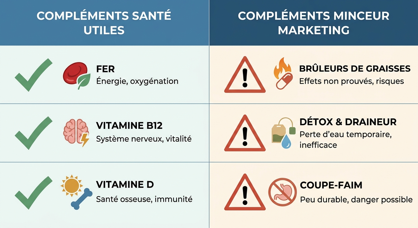 Comparaison entre compléments santé utiles et compléments minceur marketing