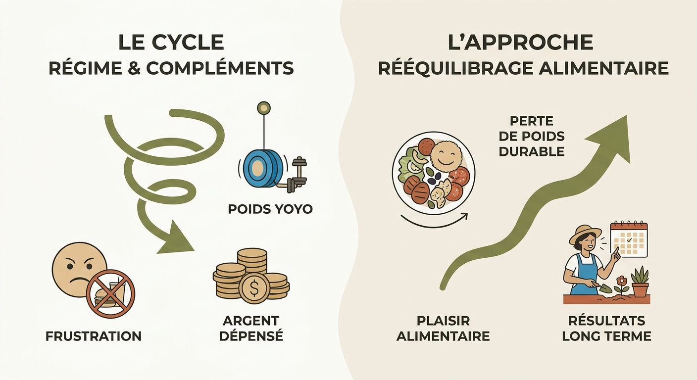 Infographie comparant le rééquilibrage alimentaire aux régimes avec compléments