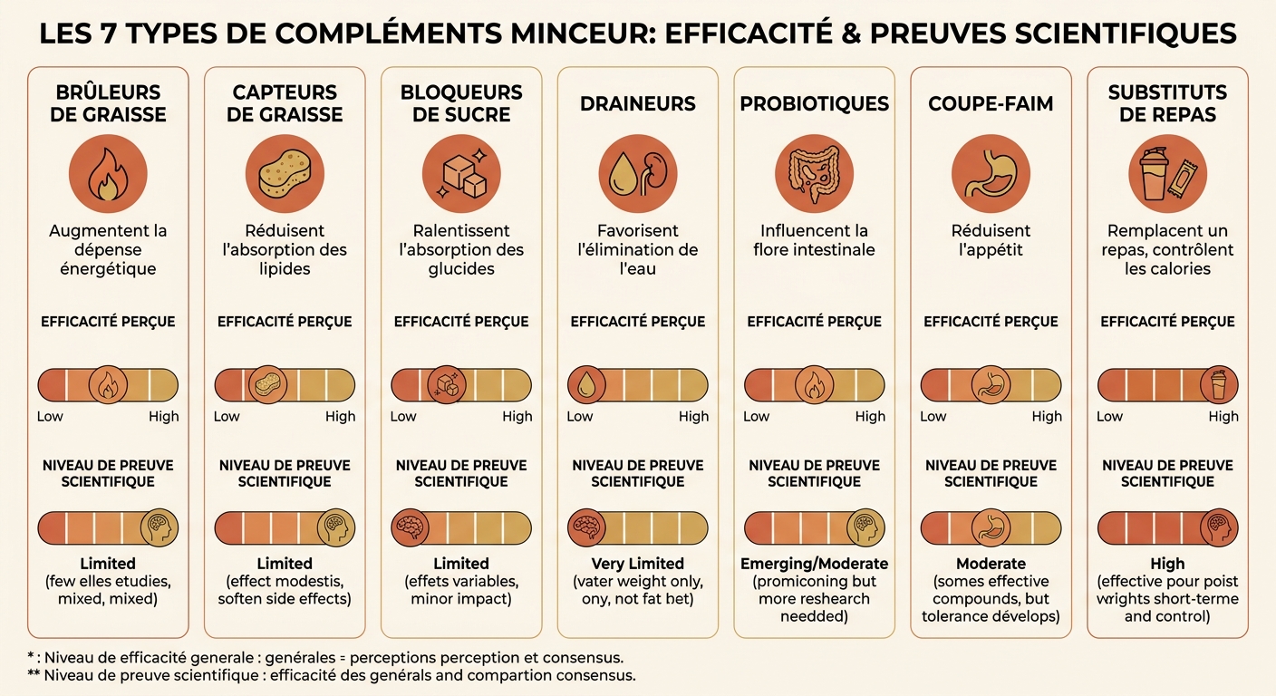 Infographie des 7 types de compléments minceur avec leur niveau d'efficacité prouvée