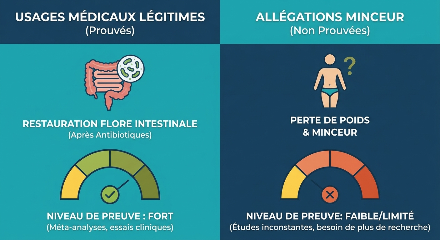 Infographie comparant l'usage médical et l'usage minceur des probiotiques