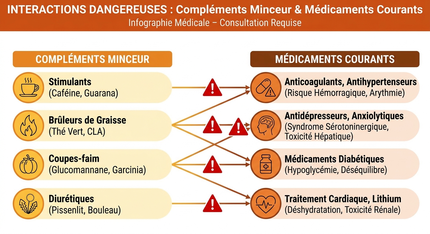 Infographie des interactions dangereuses entre compléments minceur et médicaments courants