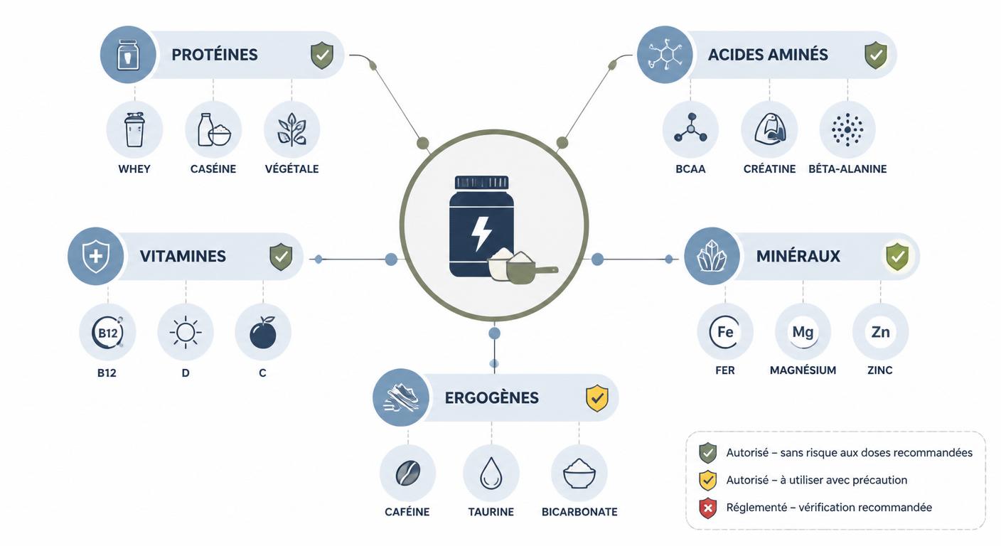 Taxonomie des compléments alimentaires sportifs par catégorie et statut réglementaire