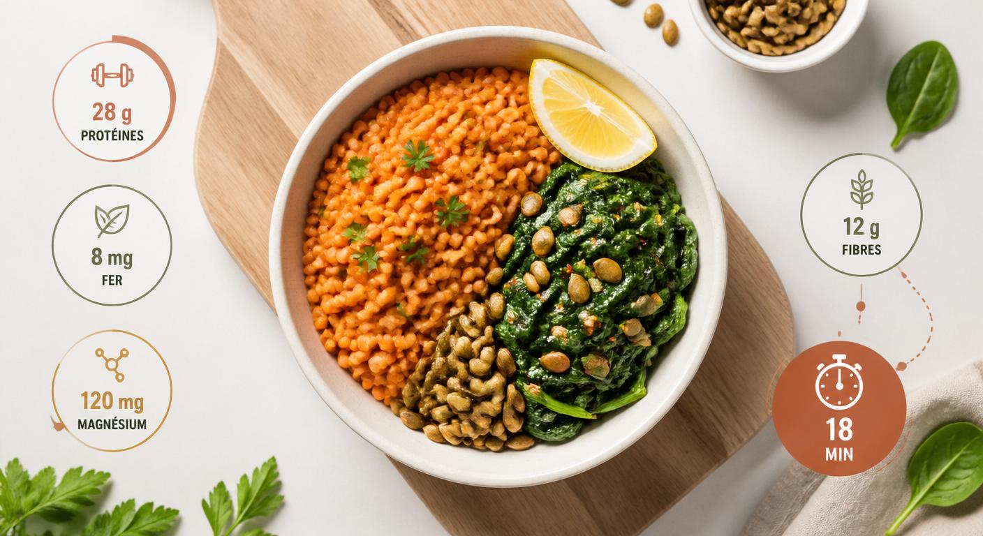 Bowl protéiné lentilles corail, épinards et graines de courge avec profil nutritionnel détaillé