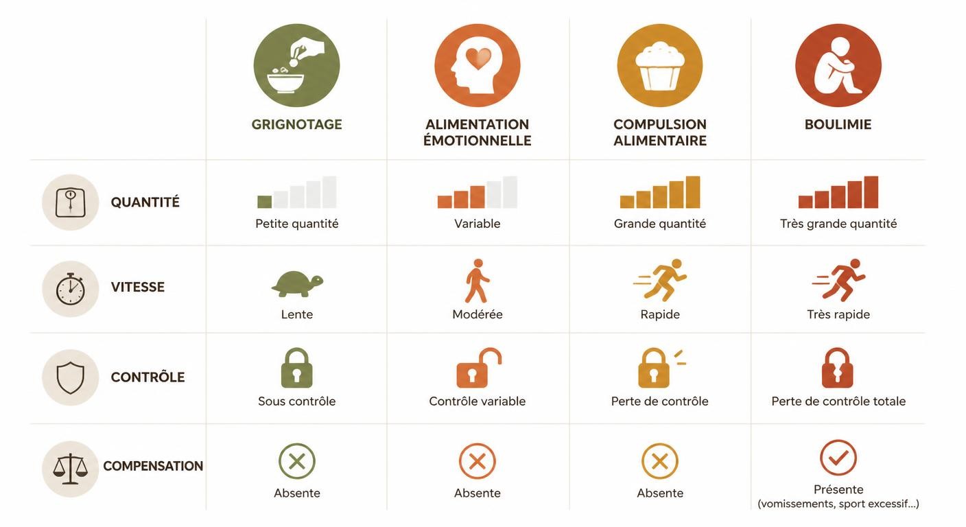 Infographie comparant grignotage, alimentation émotionnelle, compulsion et boulimie
