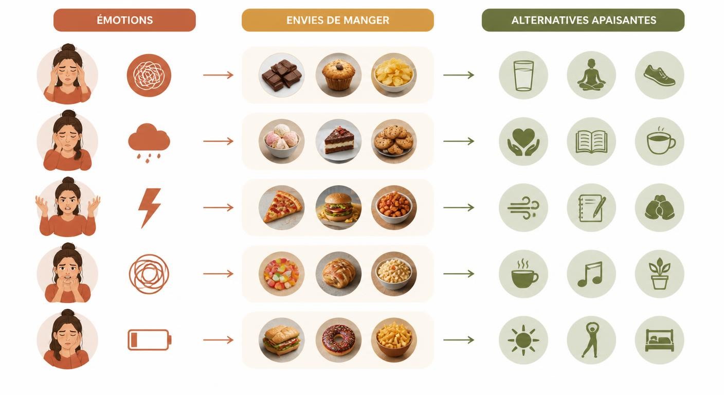 Infographie reliant émotions, envies de manger et alternatives apaisantes