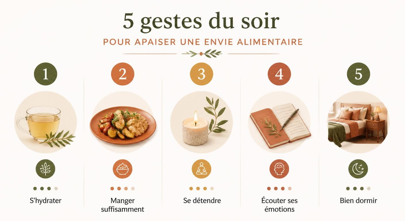 Infographie des 5 gestes pour apaiser une pulsion alimentaire du soir