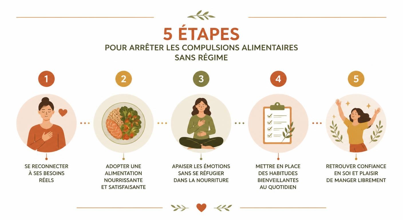 Infographie de la méthode en 5 étapes pour arrêter les compulsions sans régime