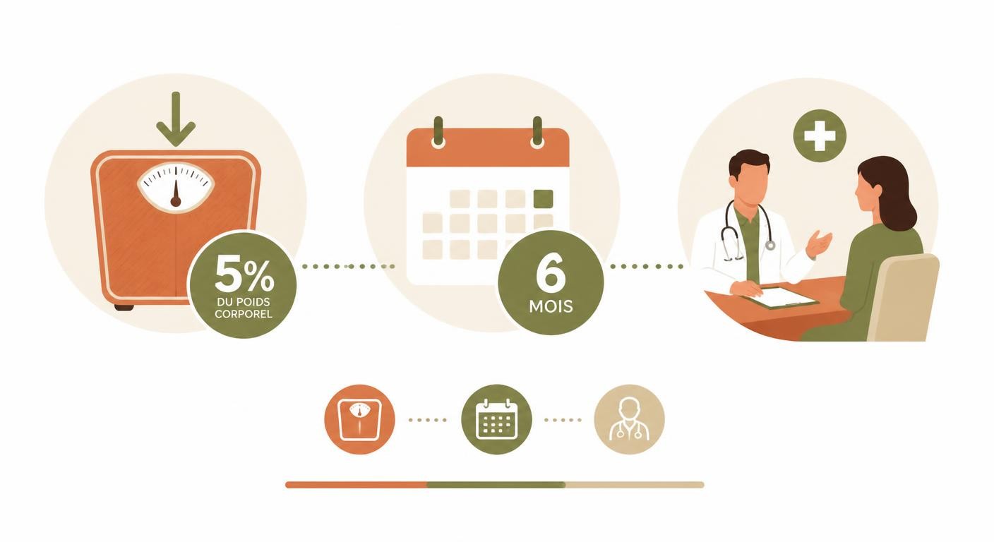 Infographie du seuil clinique de 5 % du poids en 6 mois définissant un amaigrissement significatif