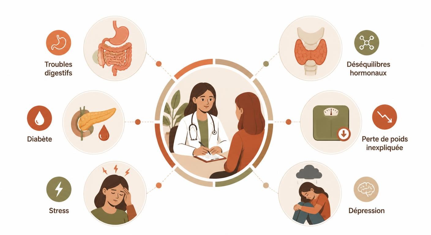 Infographie des causes médicales possibles d'une perte de poids inexpliquée nécessitant un avis médical