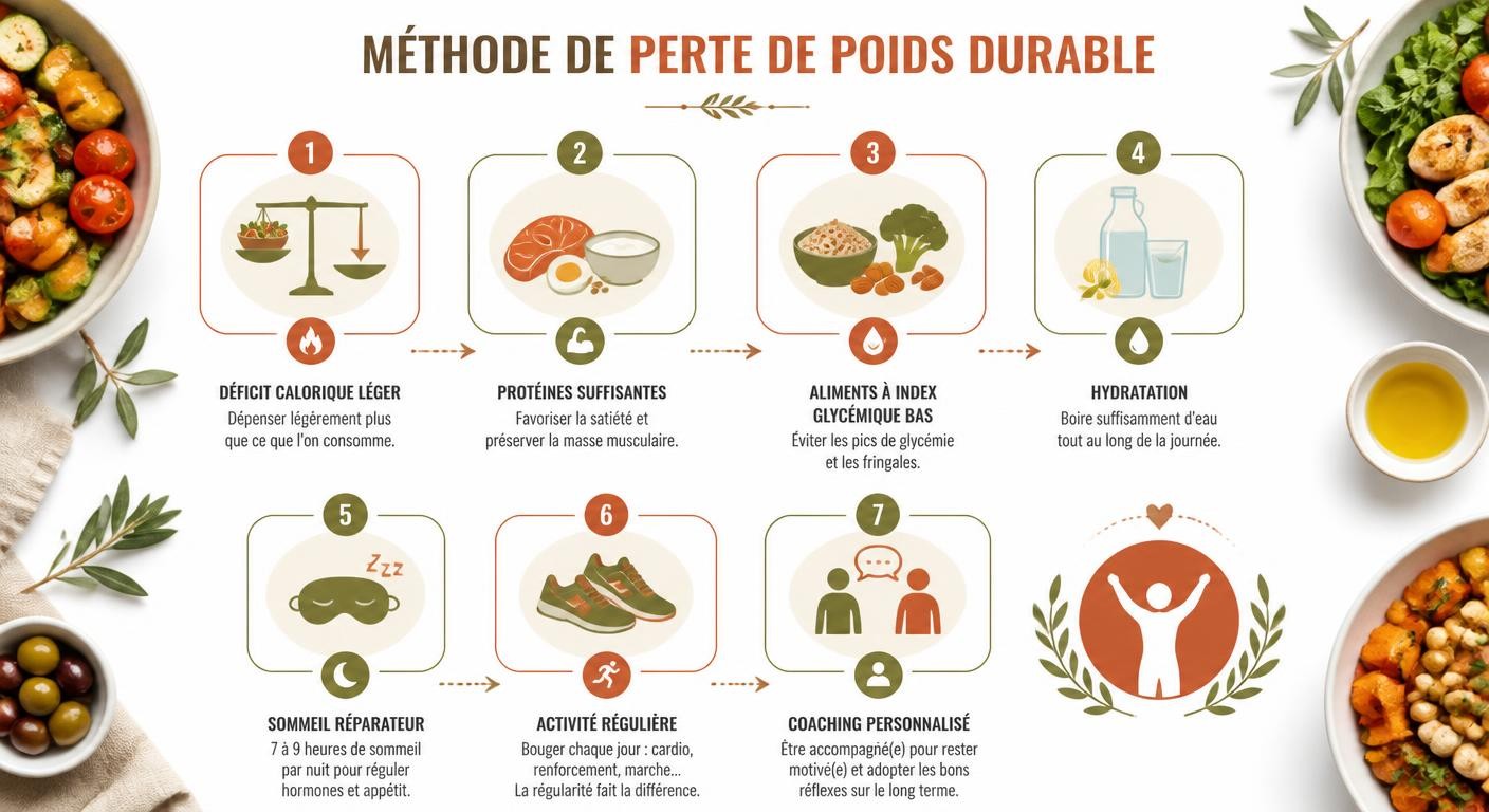 Infographie de la méthode pour perdre du poids durablement, sans risque et sans frustration