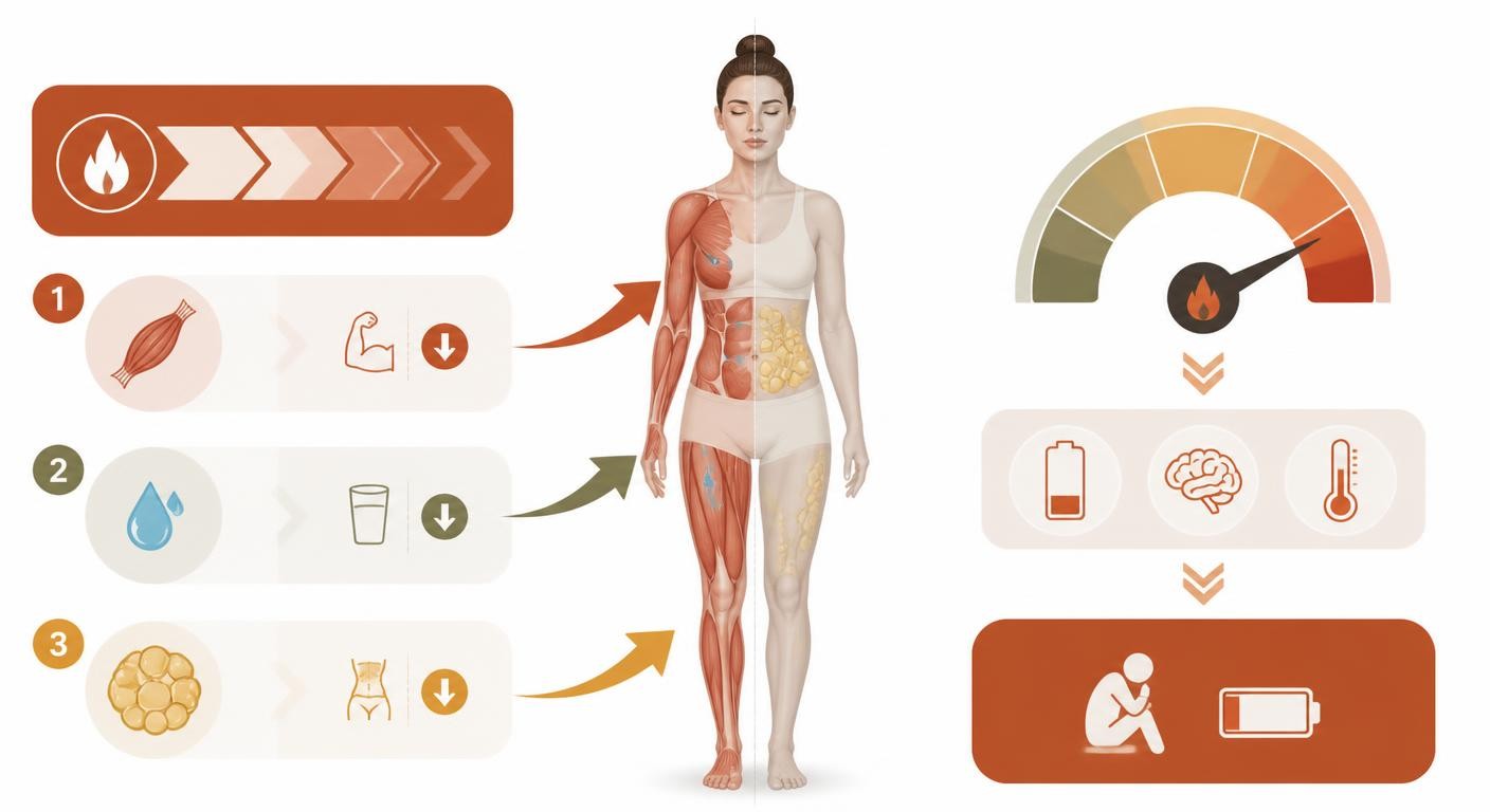 Infographie expliquant pourquoi maigrir trop vite est dangereux : le corps puise dans le muscle et ralentit le métabolisme